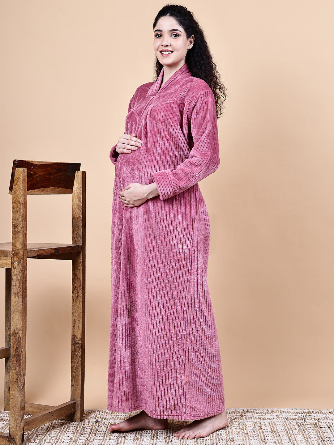 Secret Wish Pink Solid Fur Winter Maternity Nighty