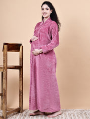 Secret Wish Pink Solid Fur Winter Maternity Nighty