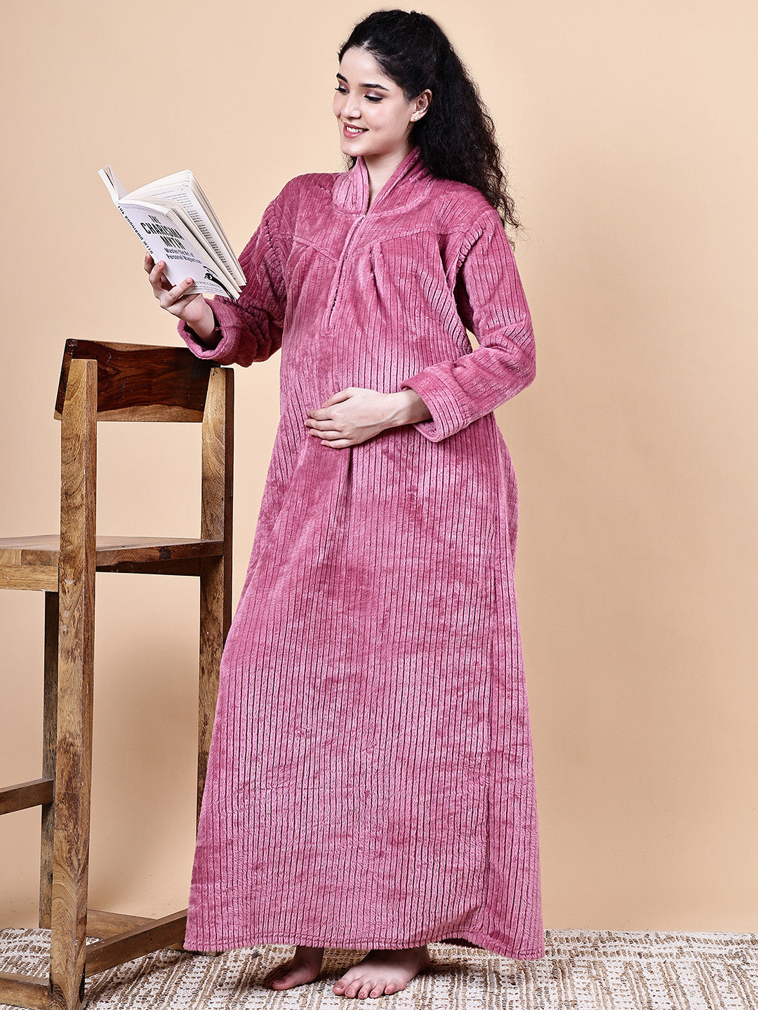 Secret Wish Pink Solid Fur Winter Maternity Nighty