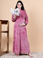 Secret Wish Pink Solid Fur Winter Maternity Nighty