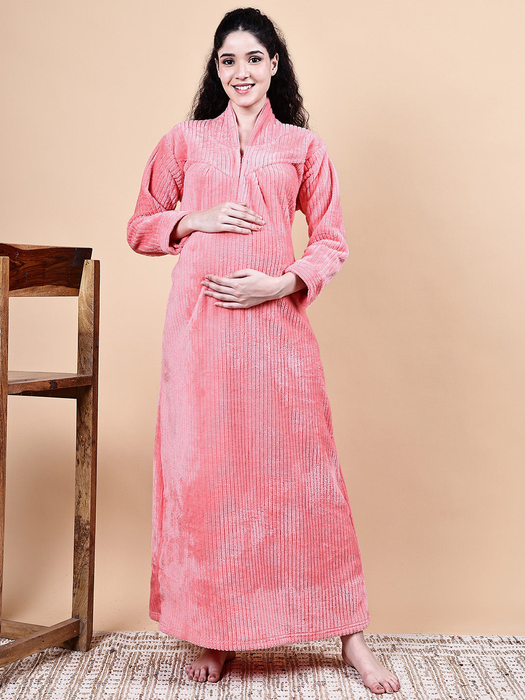 Pink Solid Fur Winter Maternity Nighty