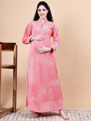 Pink Solid Fur Winter Maternity Nighty
