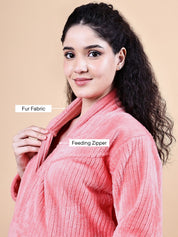 Pink Solid Fur Winter Maternity Nighty