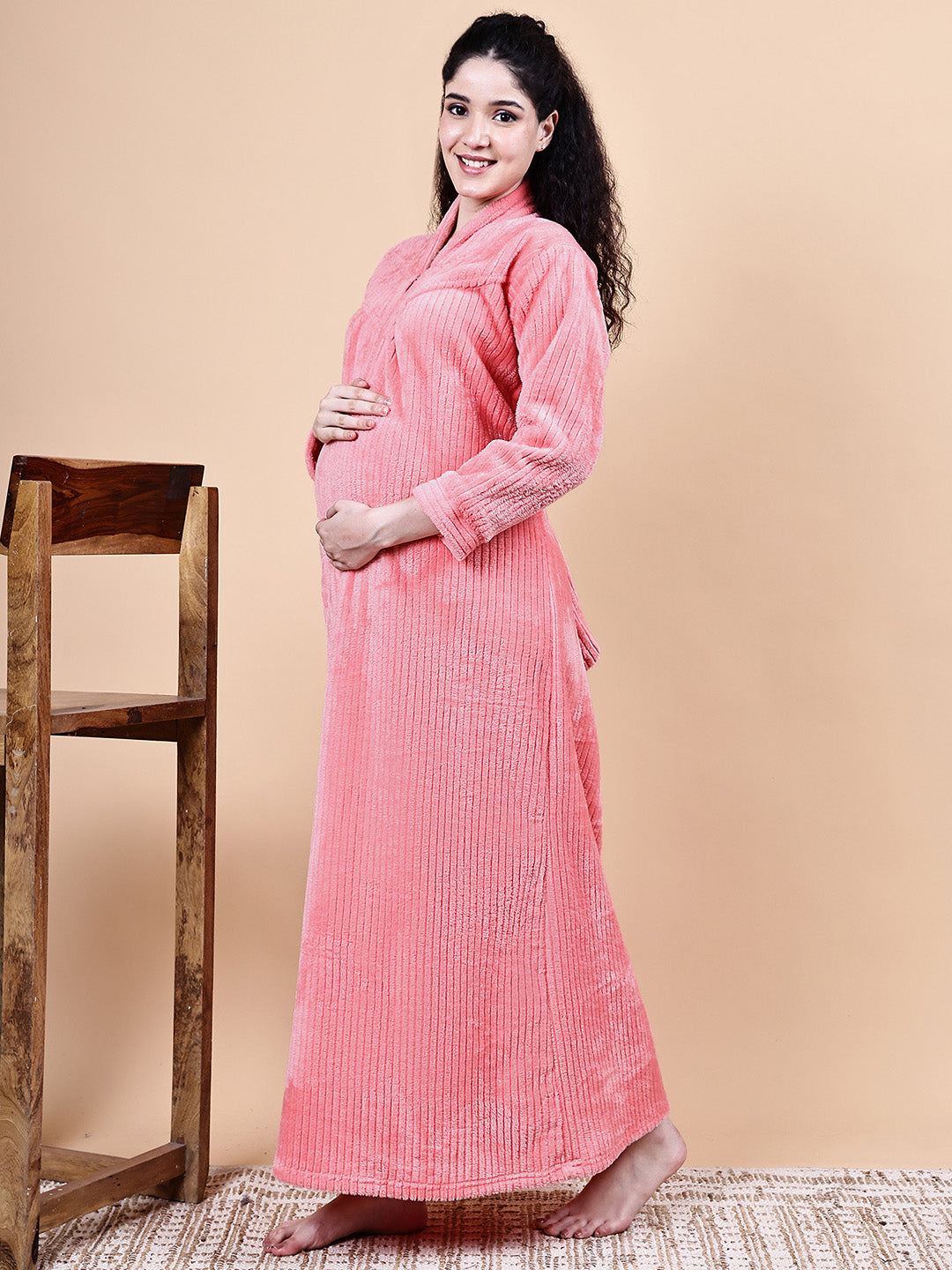 Pink Solid Fur Winter Maternity Nighty