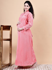 Pink Solid Fur Winter Maternity Nighty