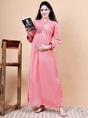 Pink Solid Fur Winter Maternity Nighty