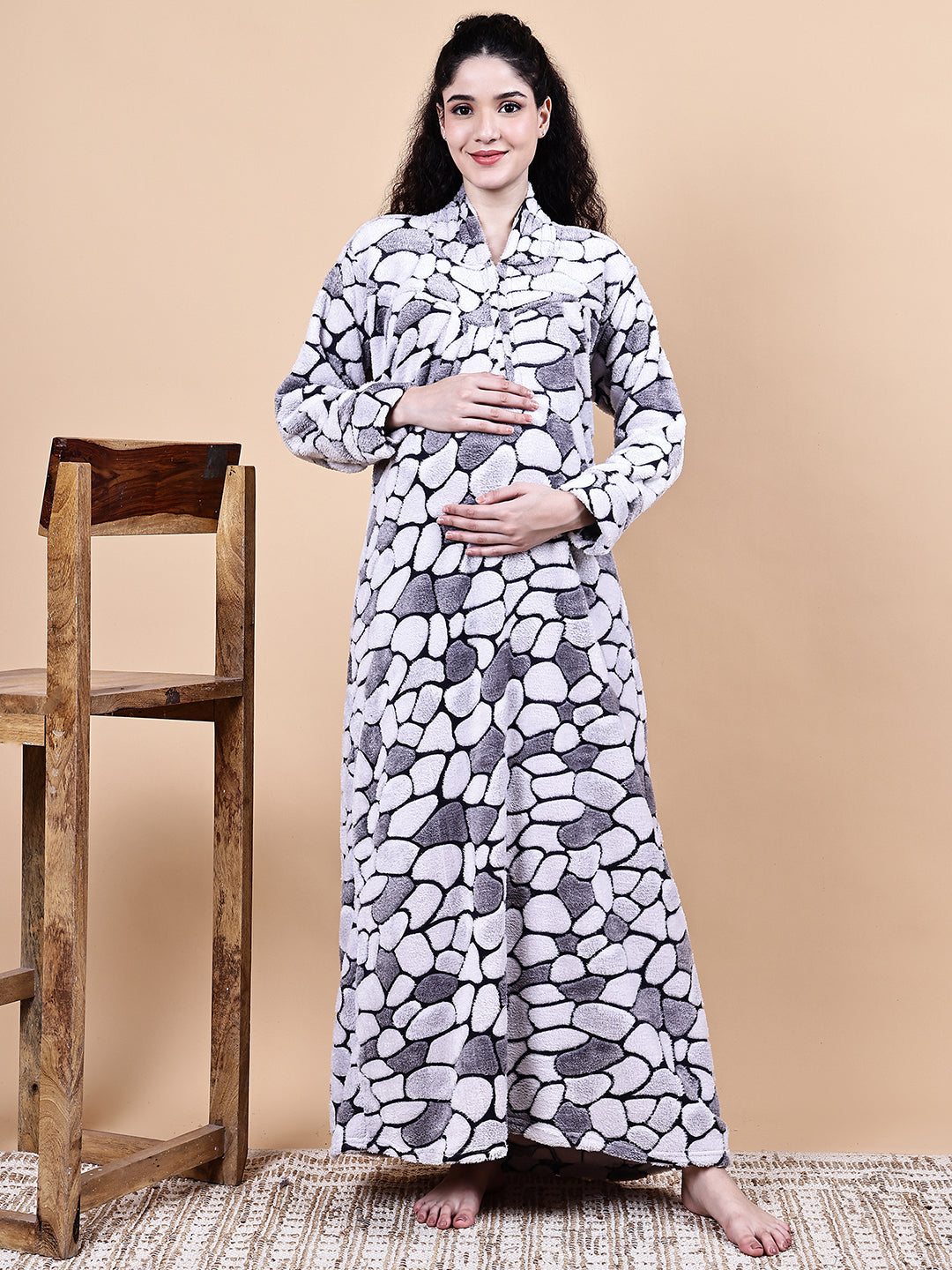 Grey Abstract Fur Winter Maternity Nighty