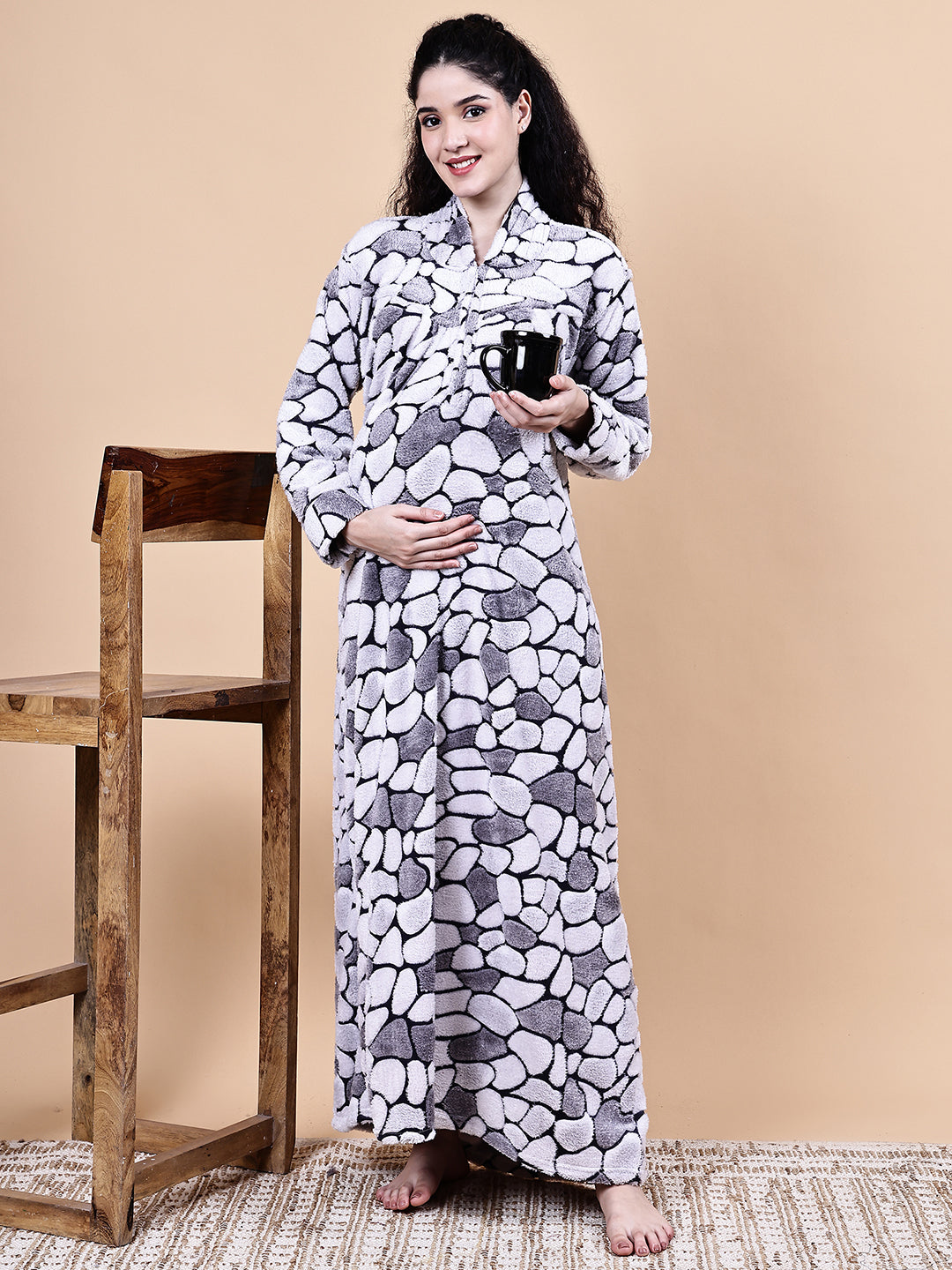 Grey Abstract Fur Winter Maternity Nighty