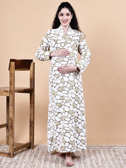 Olive Green Abstract Fur Winter Maternity Nighty