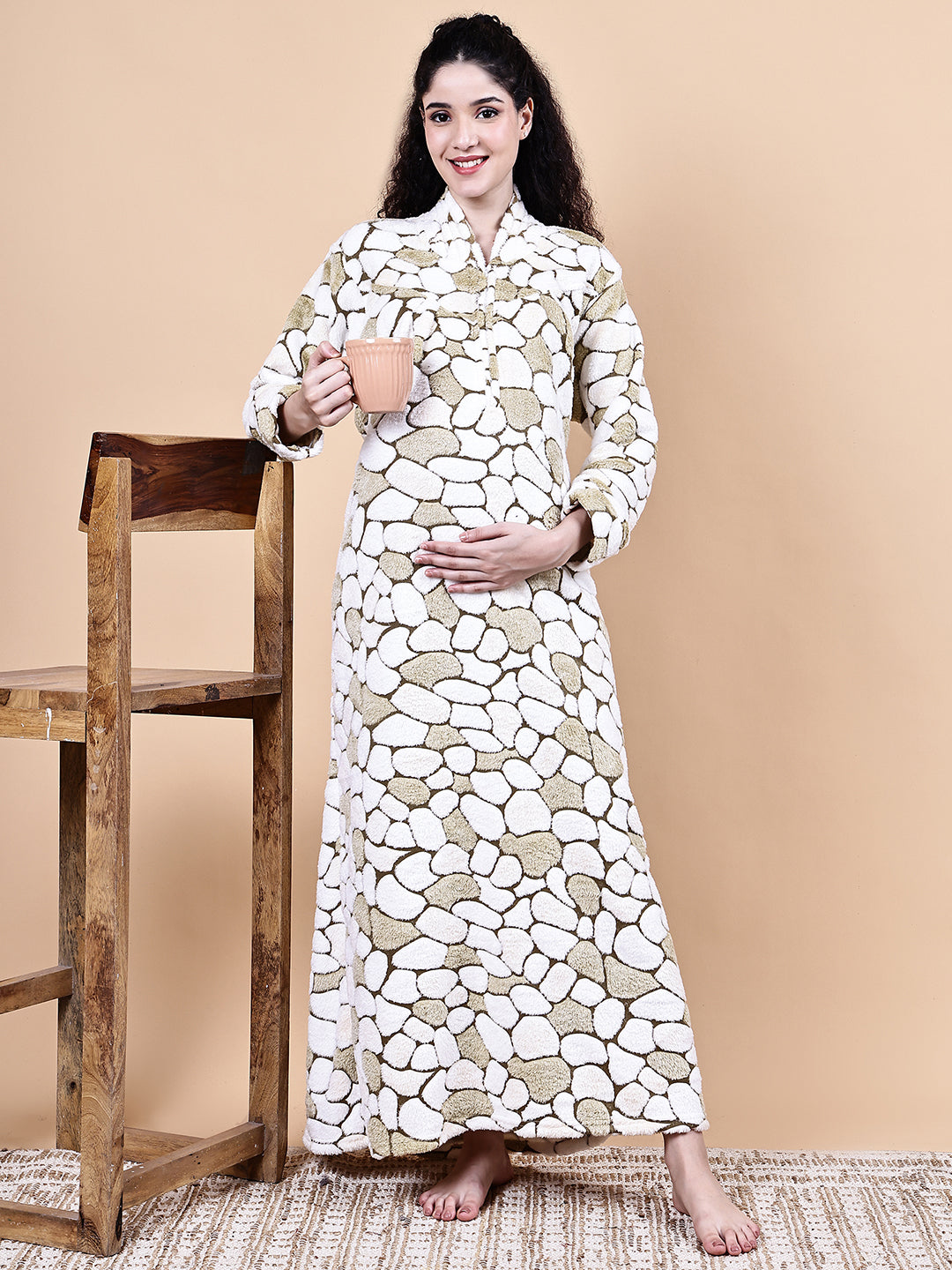 Olive Green Abstract Fur Winter Maternity Nighty