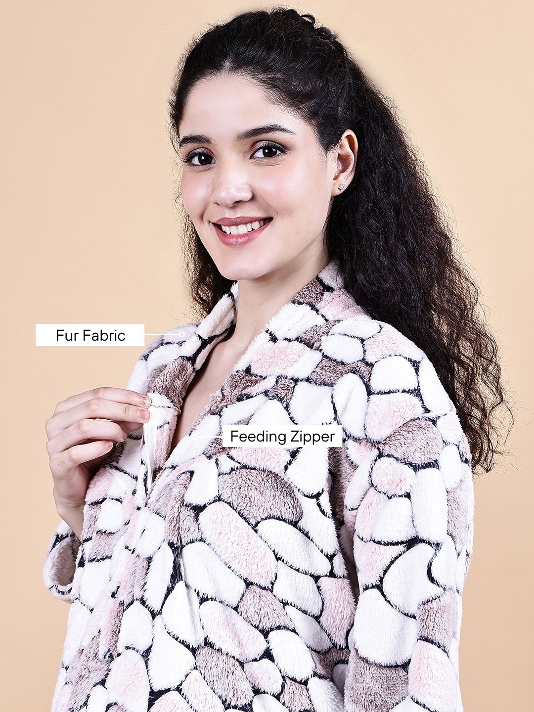 Pink Abstract Fur Winter Maternity Nighty