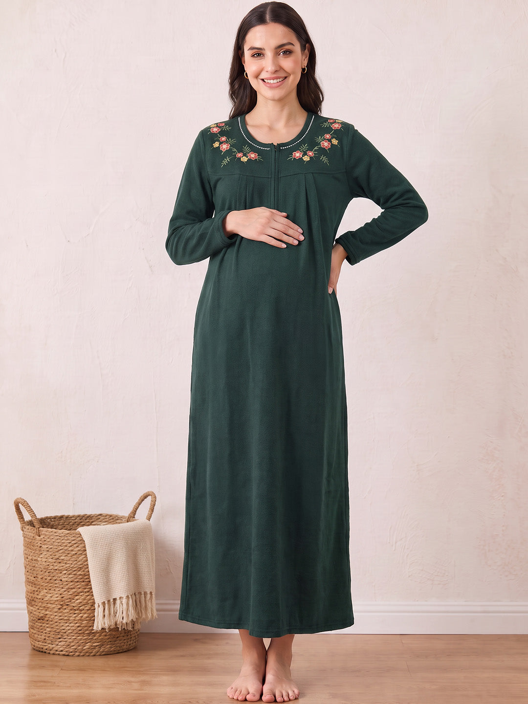 Bottle Green Solid Fleece  Winter Maternity Nighty
