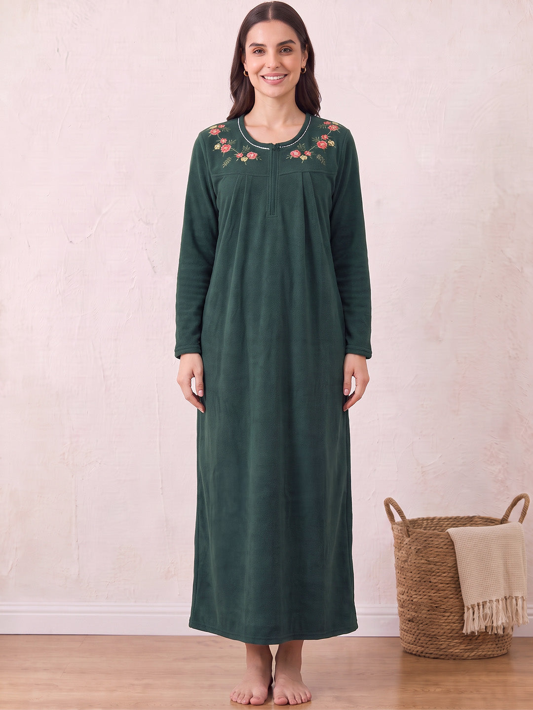 Bottle Green Solid Fleece Winter Nighty