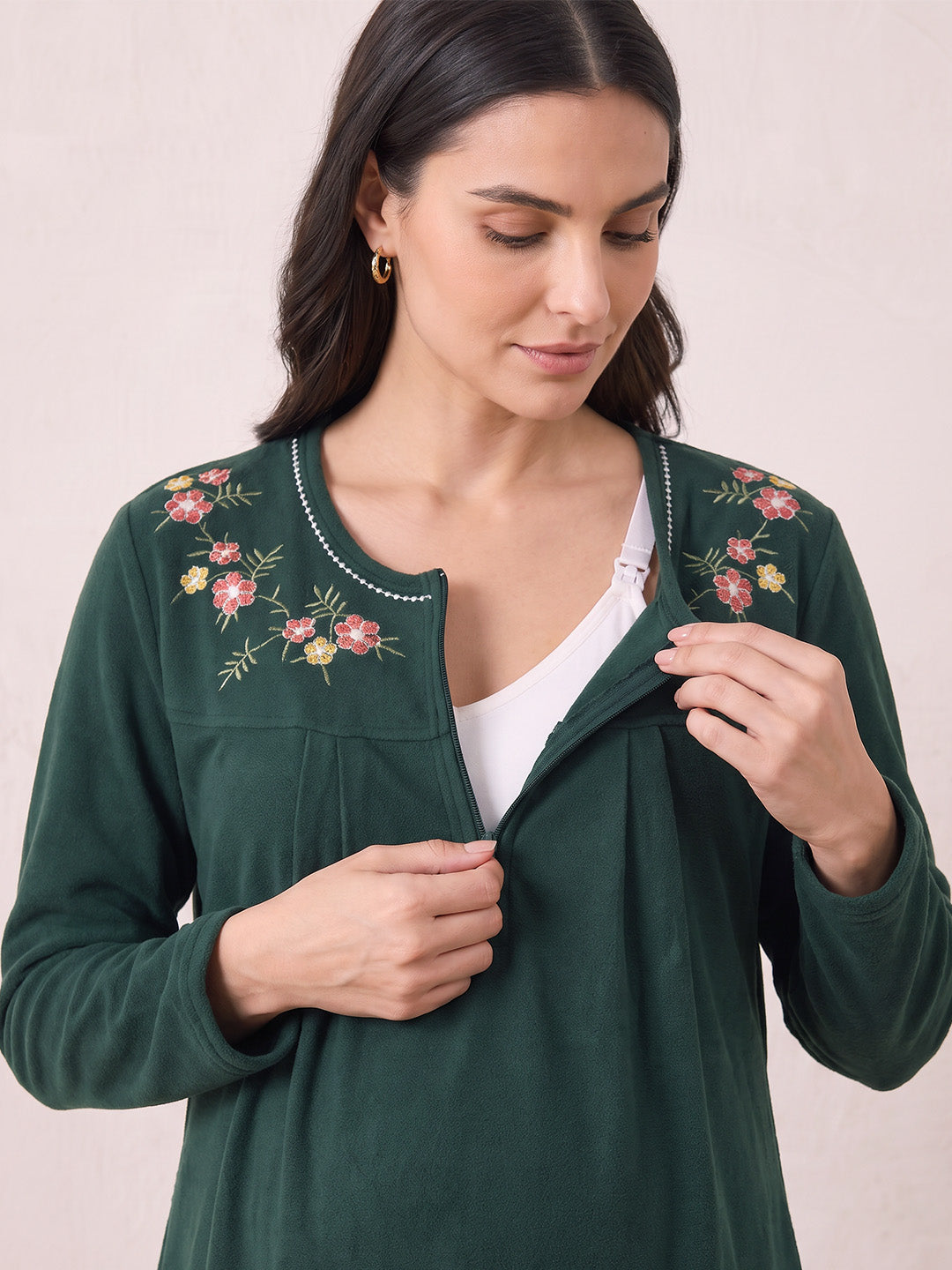 Bottle Green Solid Fleece  Winter Maternity Nighty