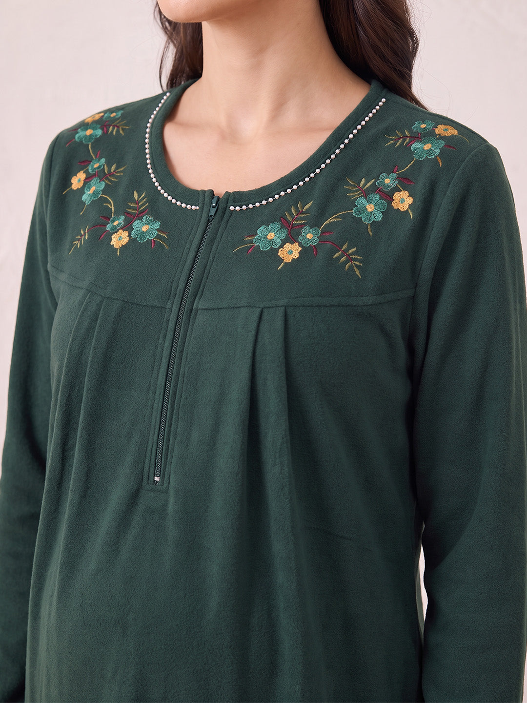 Bottle Green Solid Fleece Winter Nighty