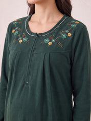 Bottle Green Solid Fleece Winter Nighty
