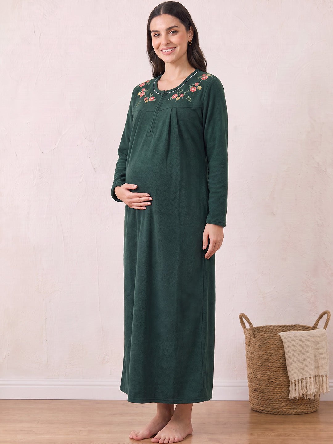 Bottle Green Solid Fleece  Winter Maternity Nighty