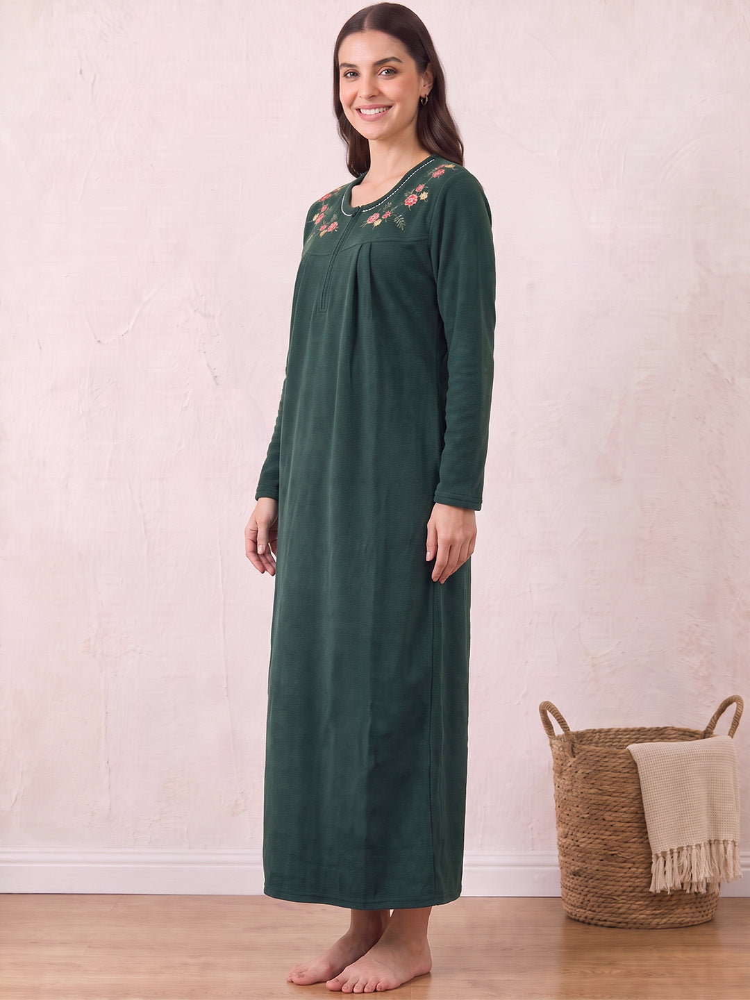 Bottle Green Solid Fleece Winter Nighty
