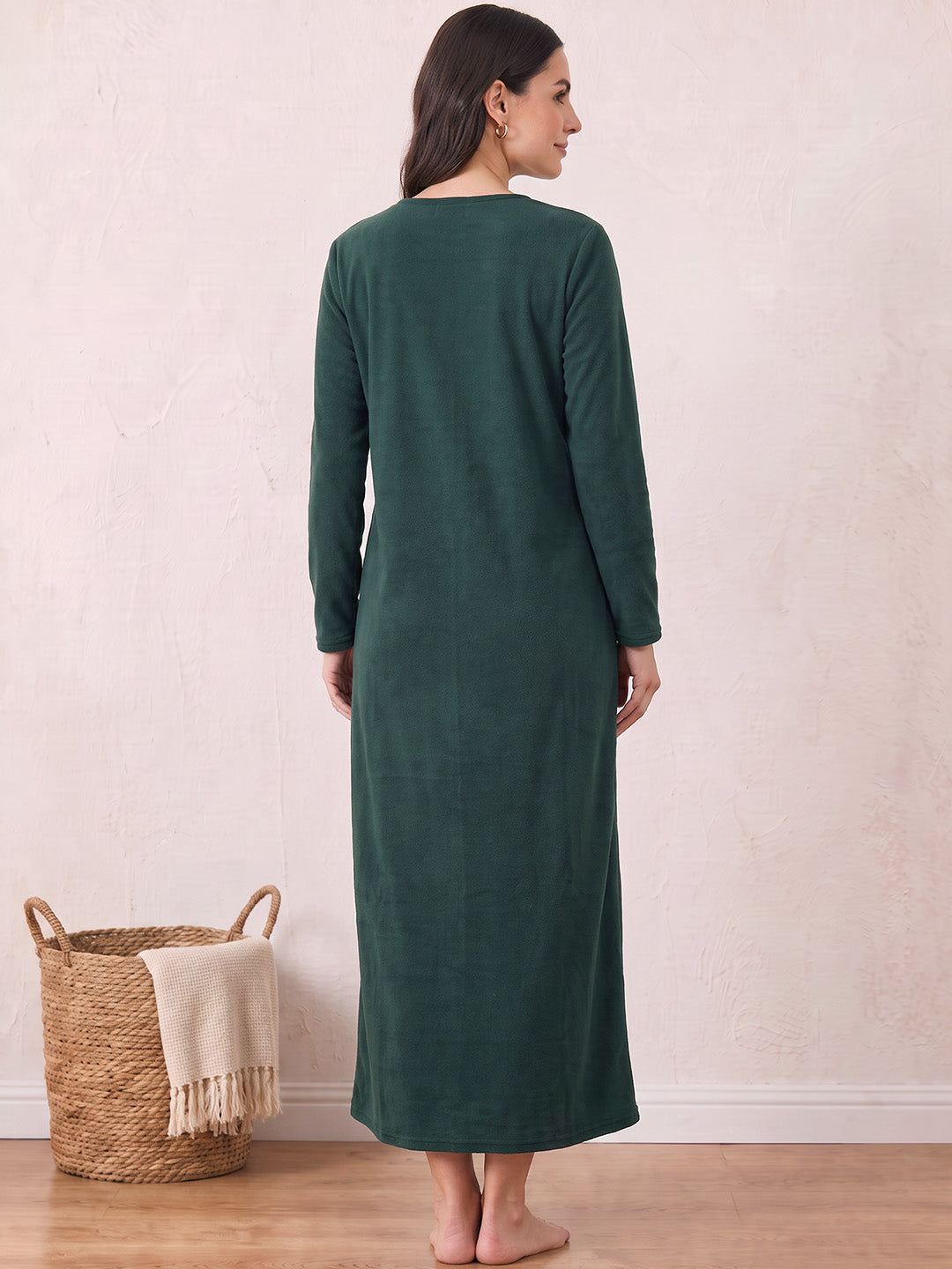 Bottle Green Solid Fleece  Winter Maternity Nighty