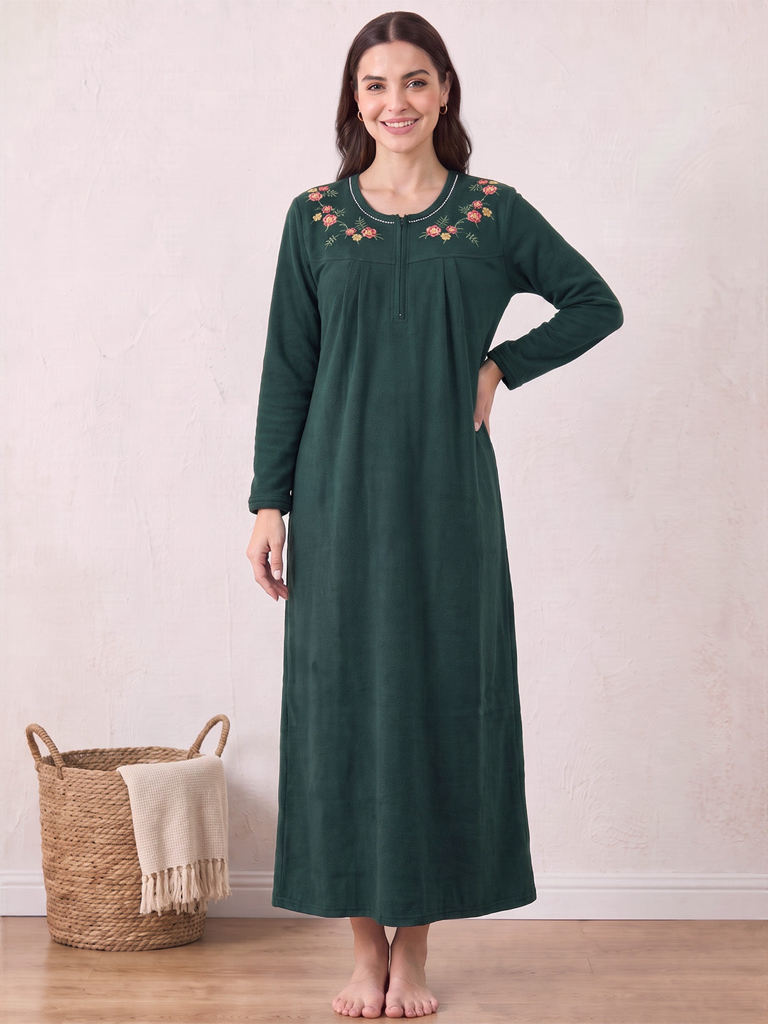 Bottle Green Solid Fleece Winter Nighty