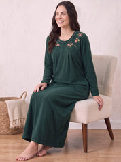 Bottle Green Solid Fleece Winter Nighty