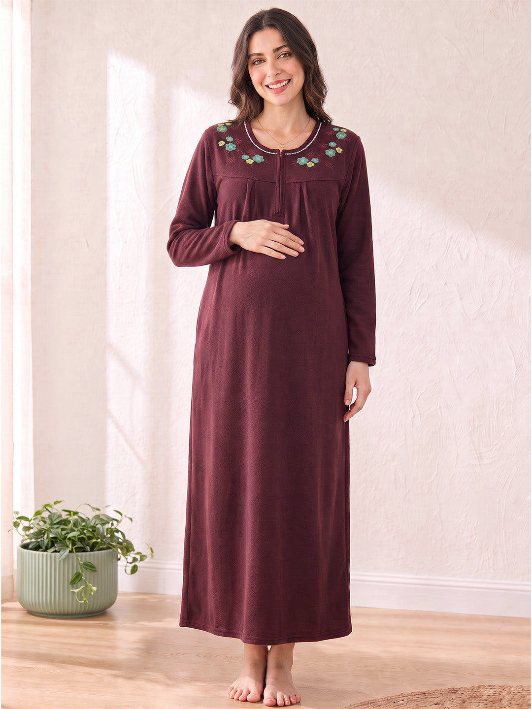Maroon Solid Fleece Winter Maternity Nighty