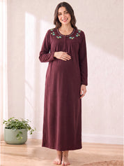 Maroon Solid Fleece Winter Maternity Nighty