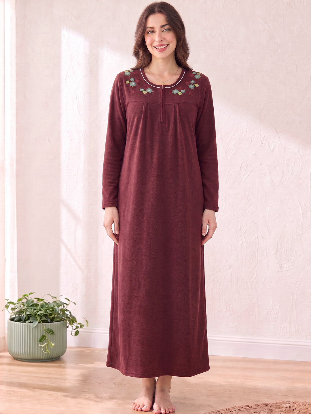 Maroon Solid Fleece Winter Nighty