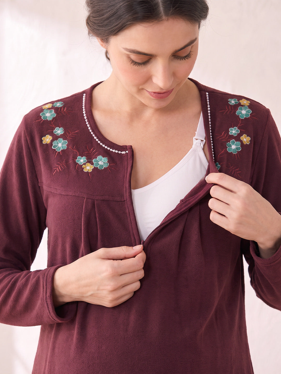 Maroon Solid Fleece Winter Maternity Nighty