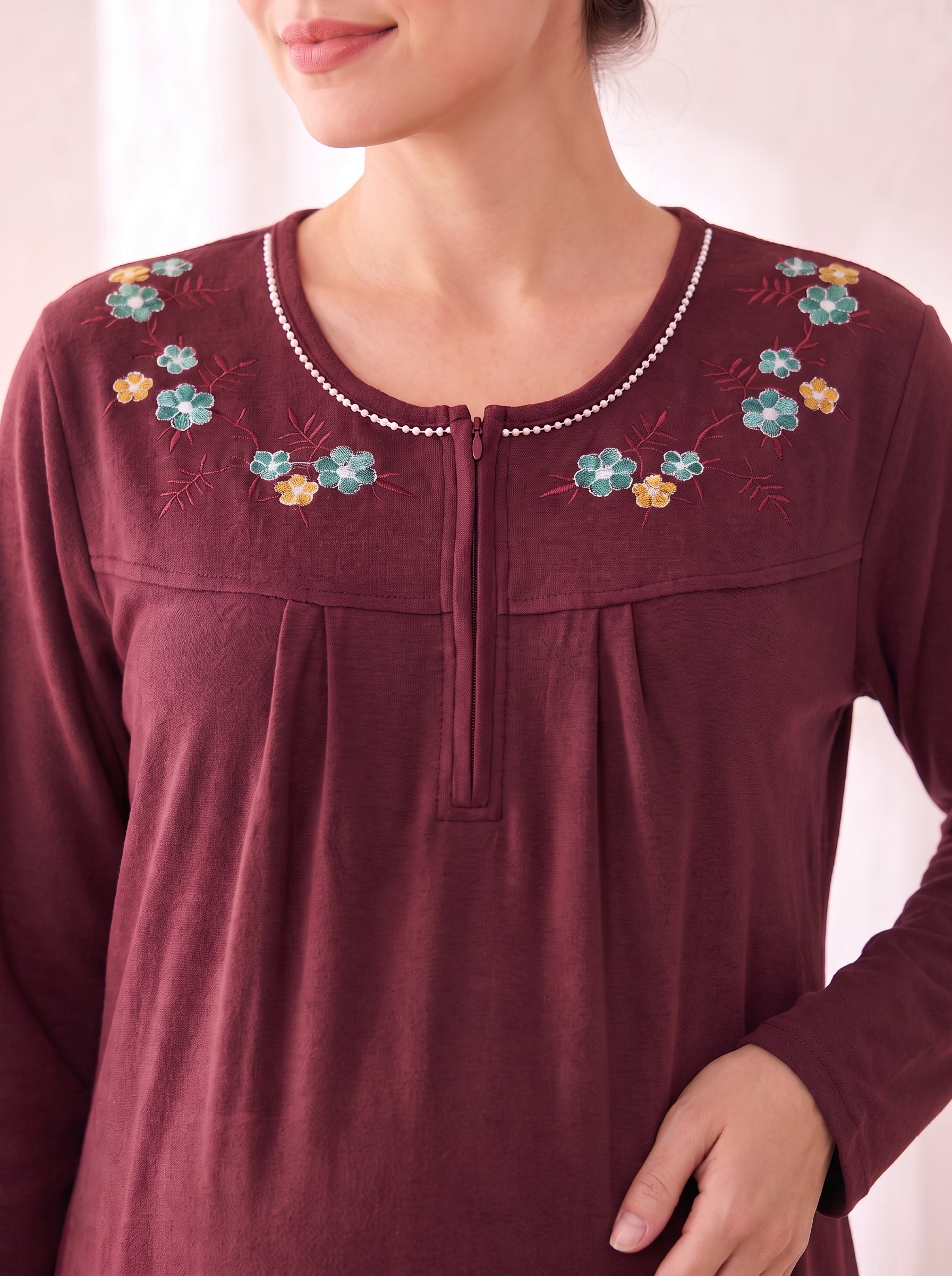 Maroon Solid Fleece Winter Nighty