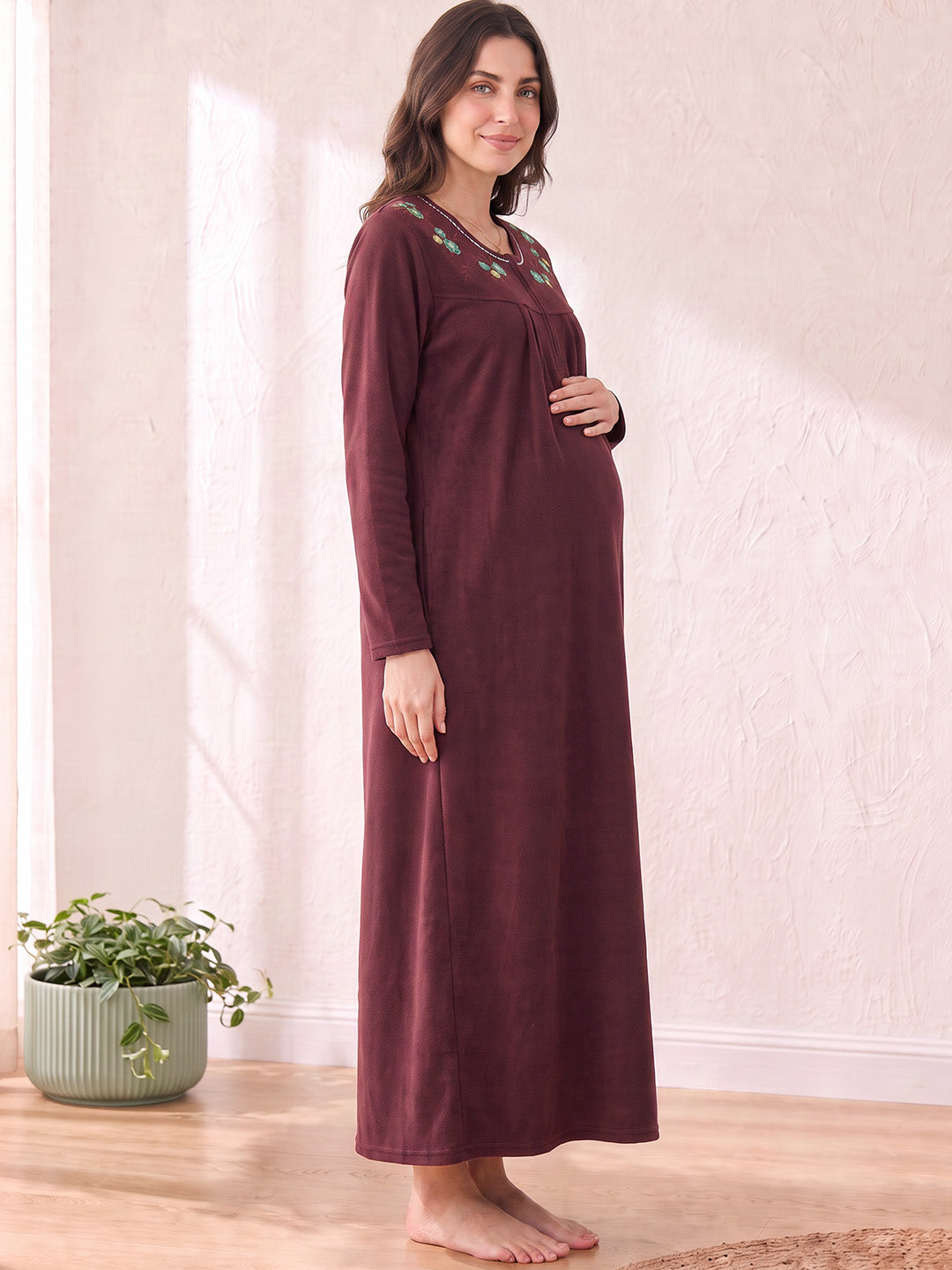 Maroon Solid Fleece Winter Maternity Nighty