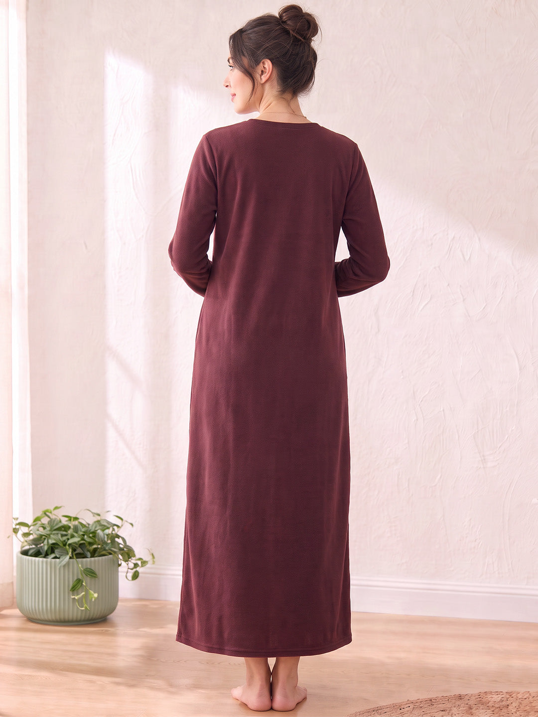 Maroon Solid Fleece Winter Maternity Nighty