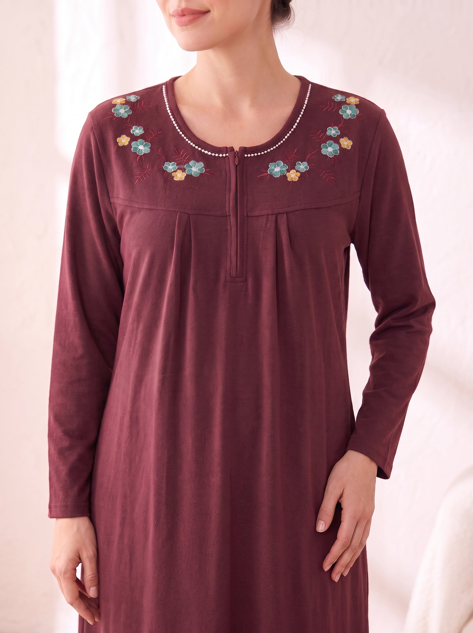 Maroon Solid Fleece Winter Nighty
