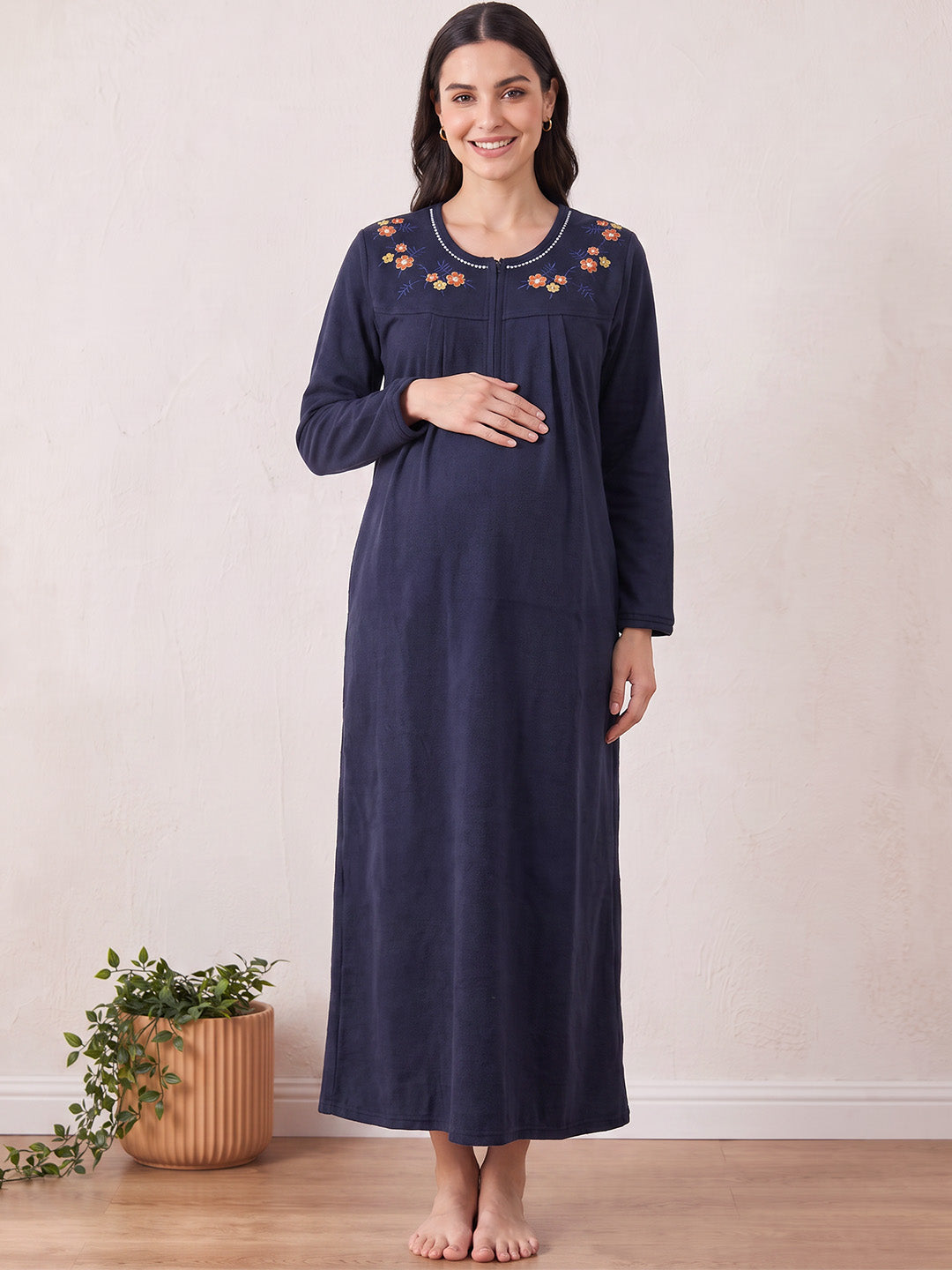 Navy Blue Solid Fleece  Winter Maternity Nighty