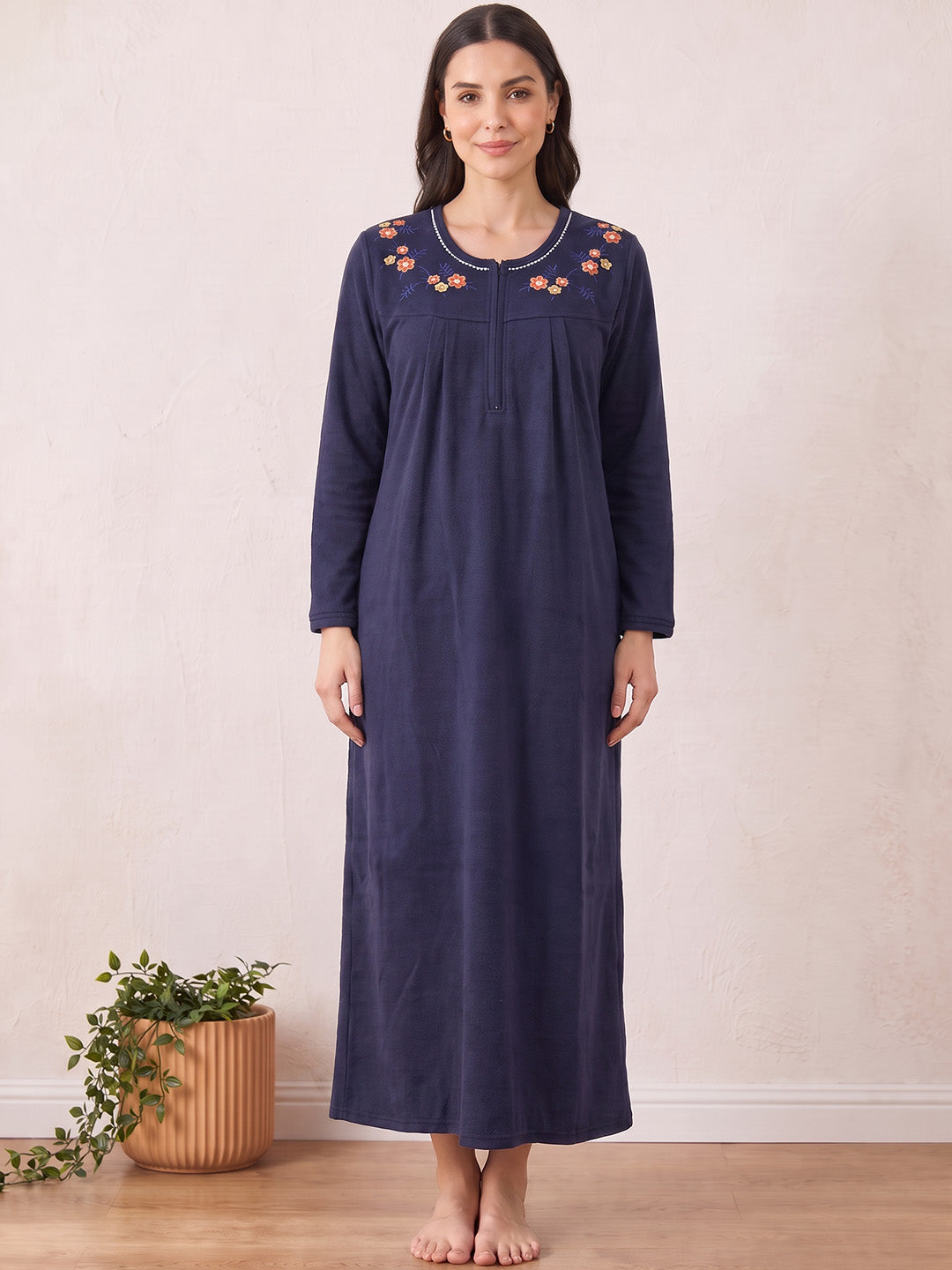 Navy Blue Solid Fleece Winter Nighty