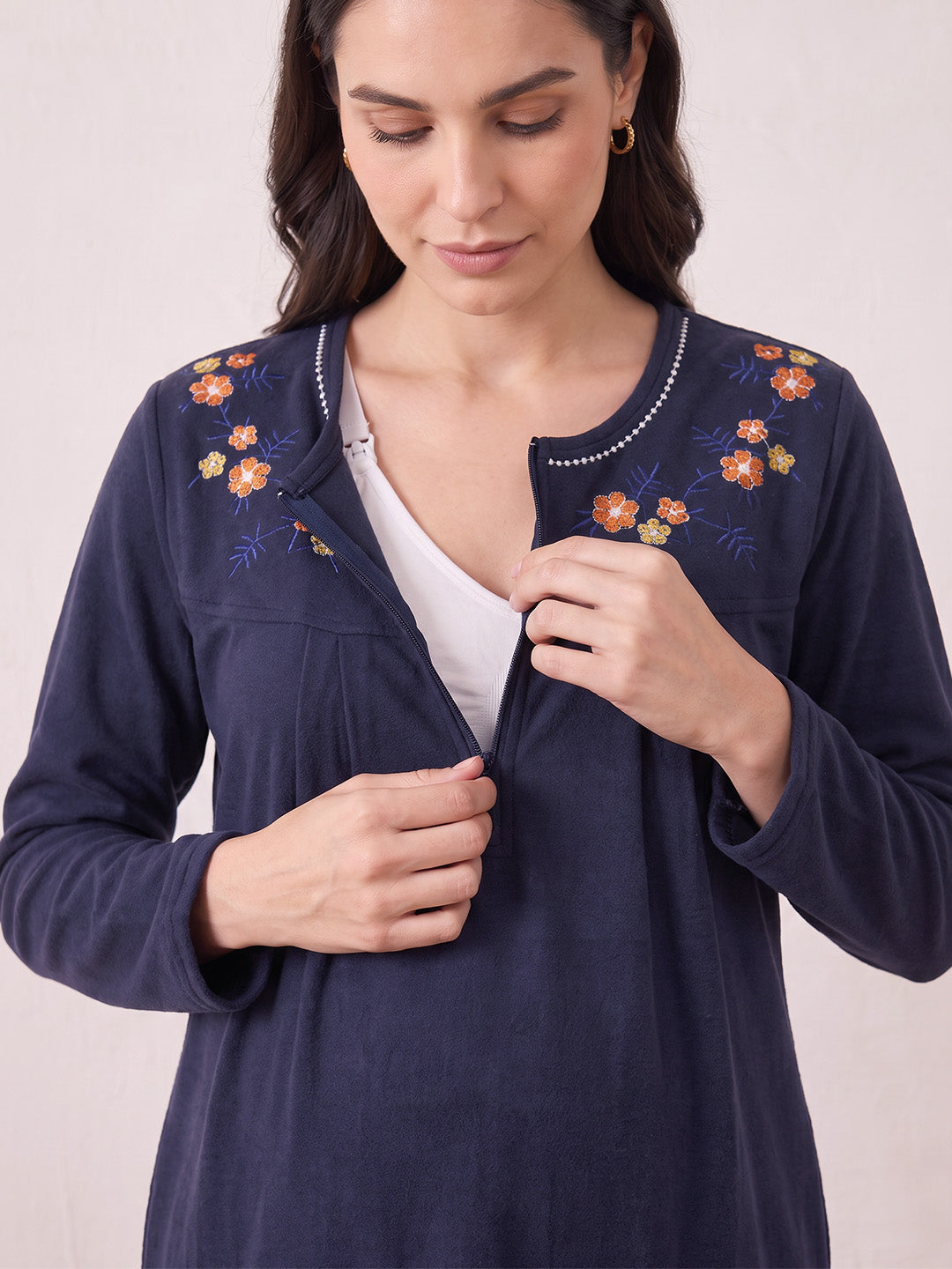 Navy Blue Solid Fleece  Winter Maternity Nighty