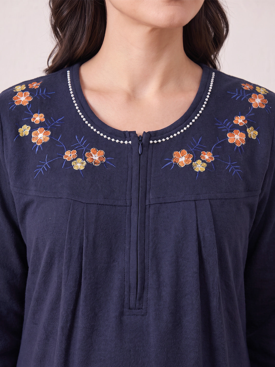 Navy Blue Solid Fleece Winter Nighty