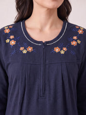 Navy Blue Solid Fleece Winter Nighty