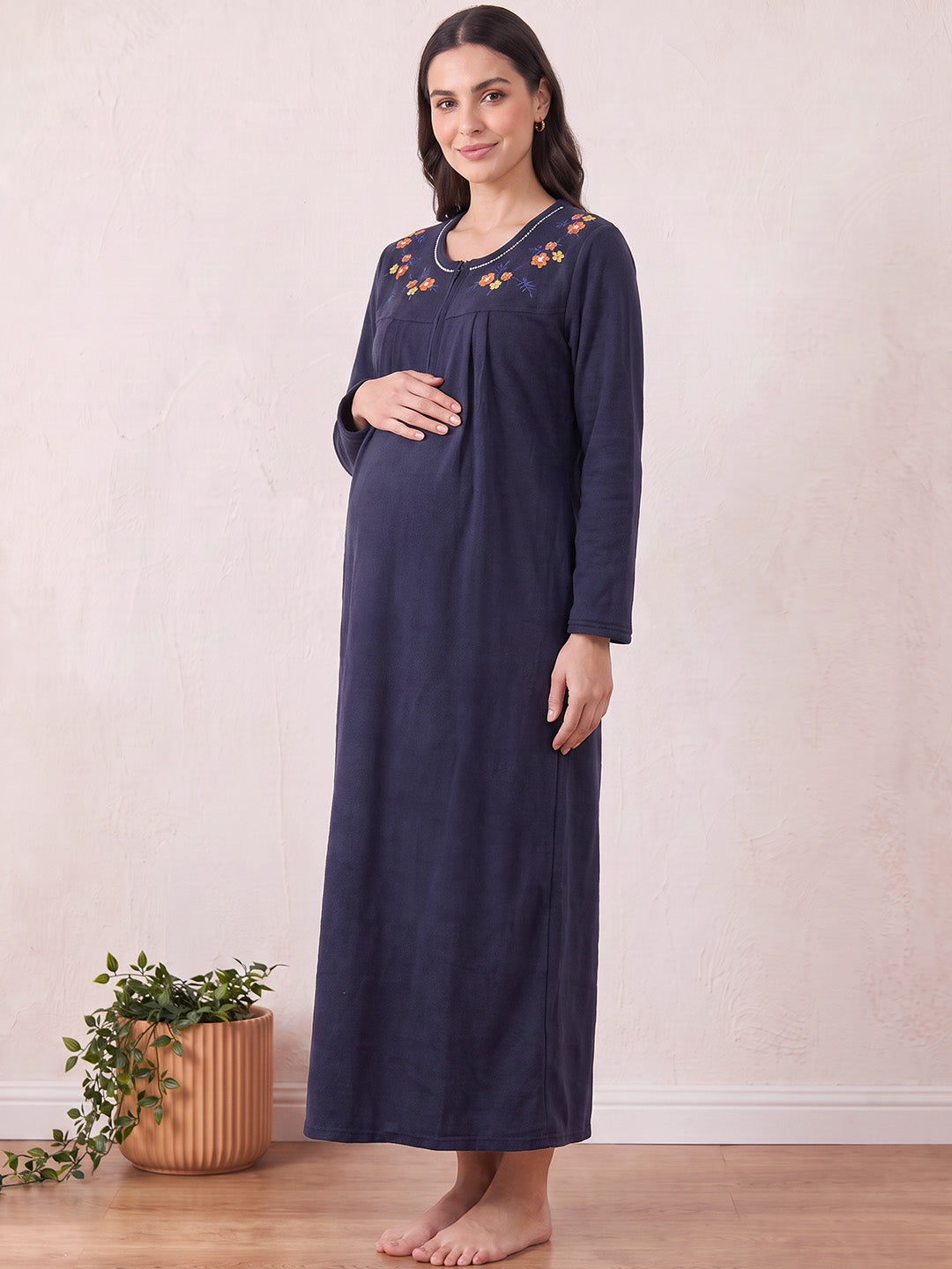 Navy Blue Solid Fleece  Winter Maternity Nighty