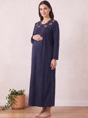 Navy Blue Solid Fleece  Winter Maternity Nighty