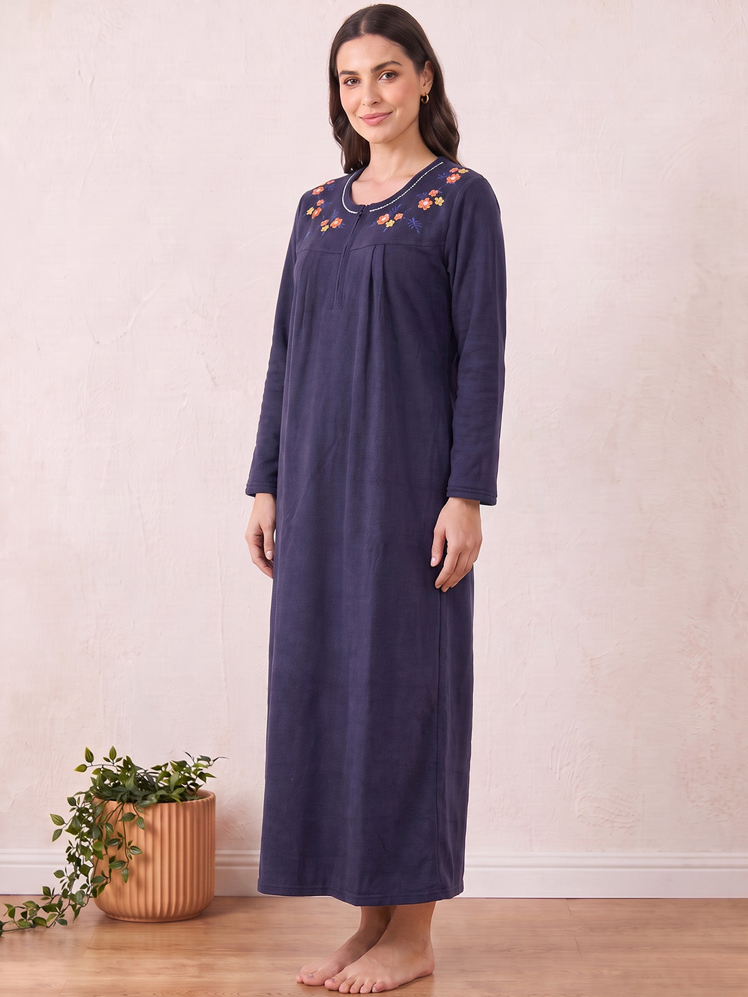 Navy Blue Solid Fleece Winter Nighty