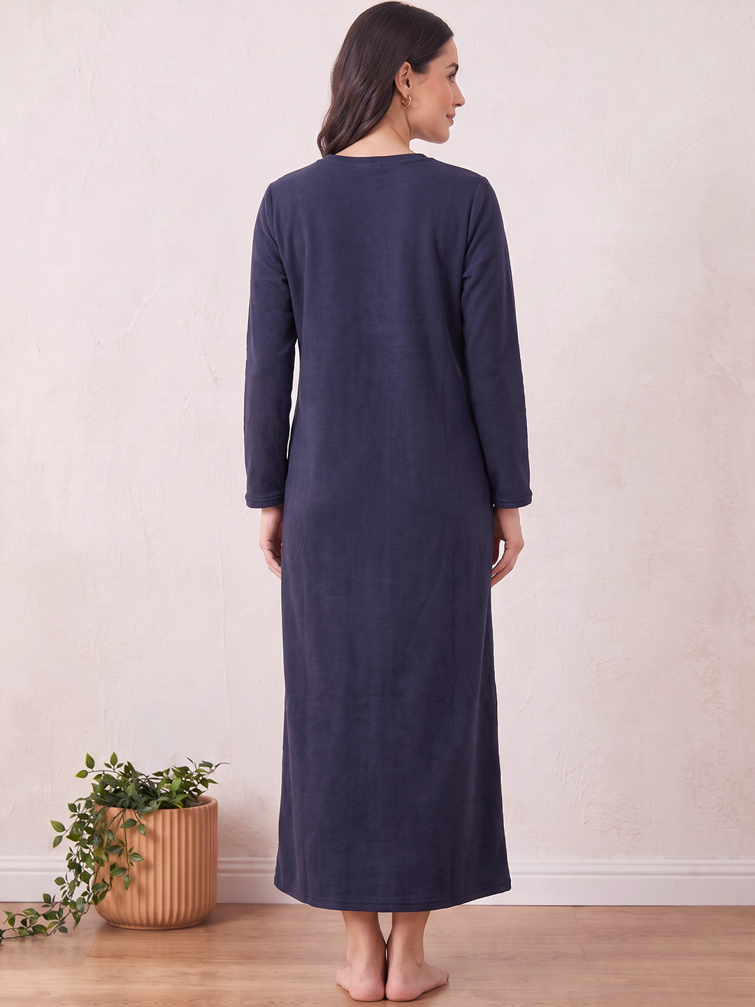 Navy Blue Solid Fleece  Winter Maternity Nighty