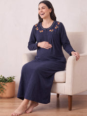 Navy Blue Solid Fleece  Winter Maternity Nighty