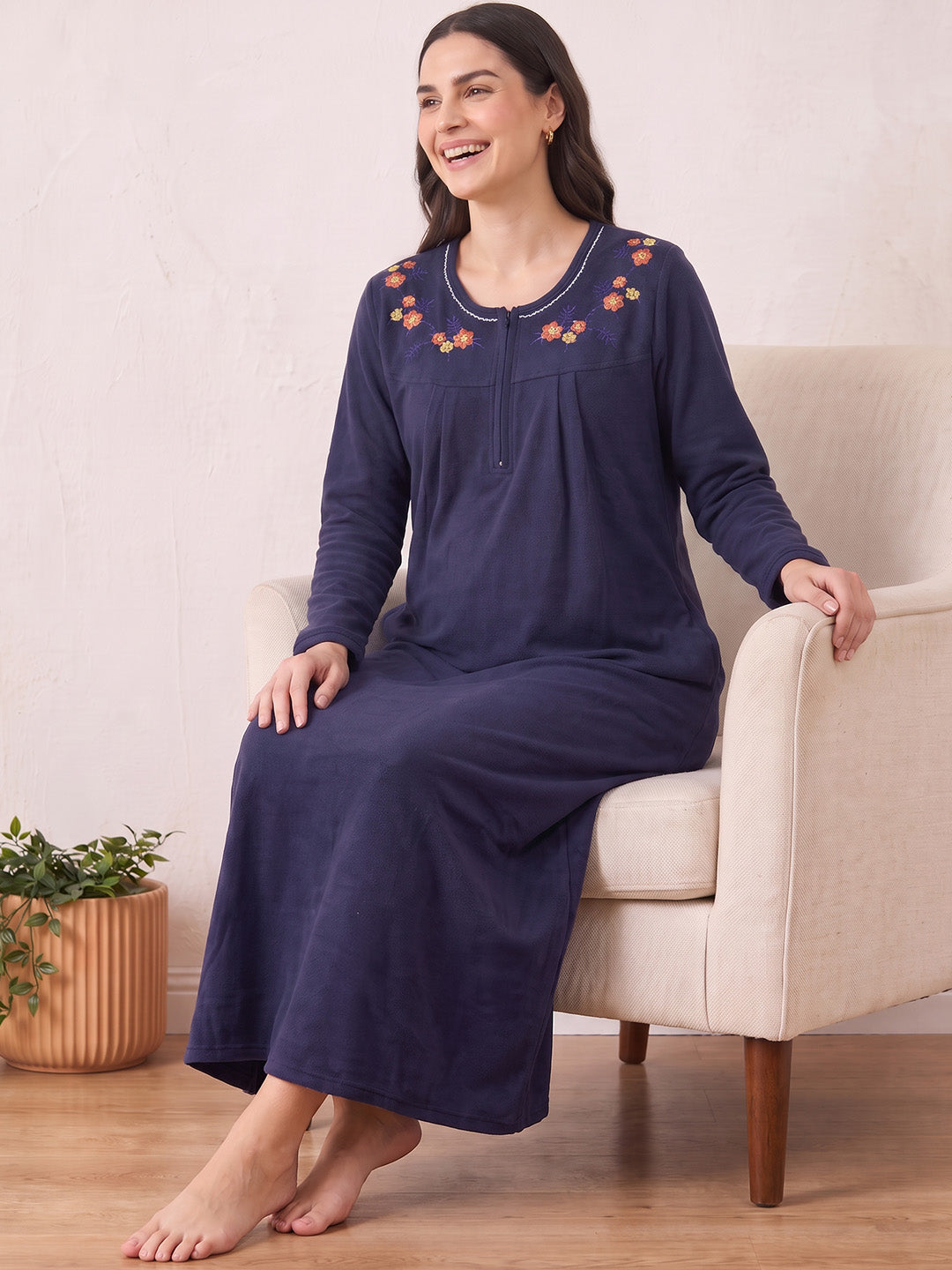 Navy Blue Solid Fleece Winter Nighty