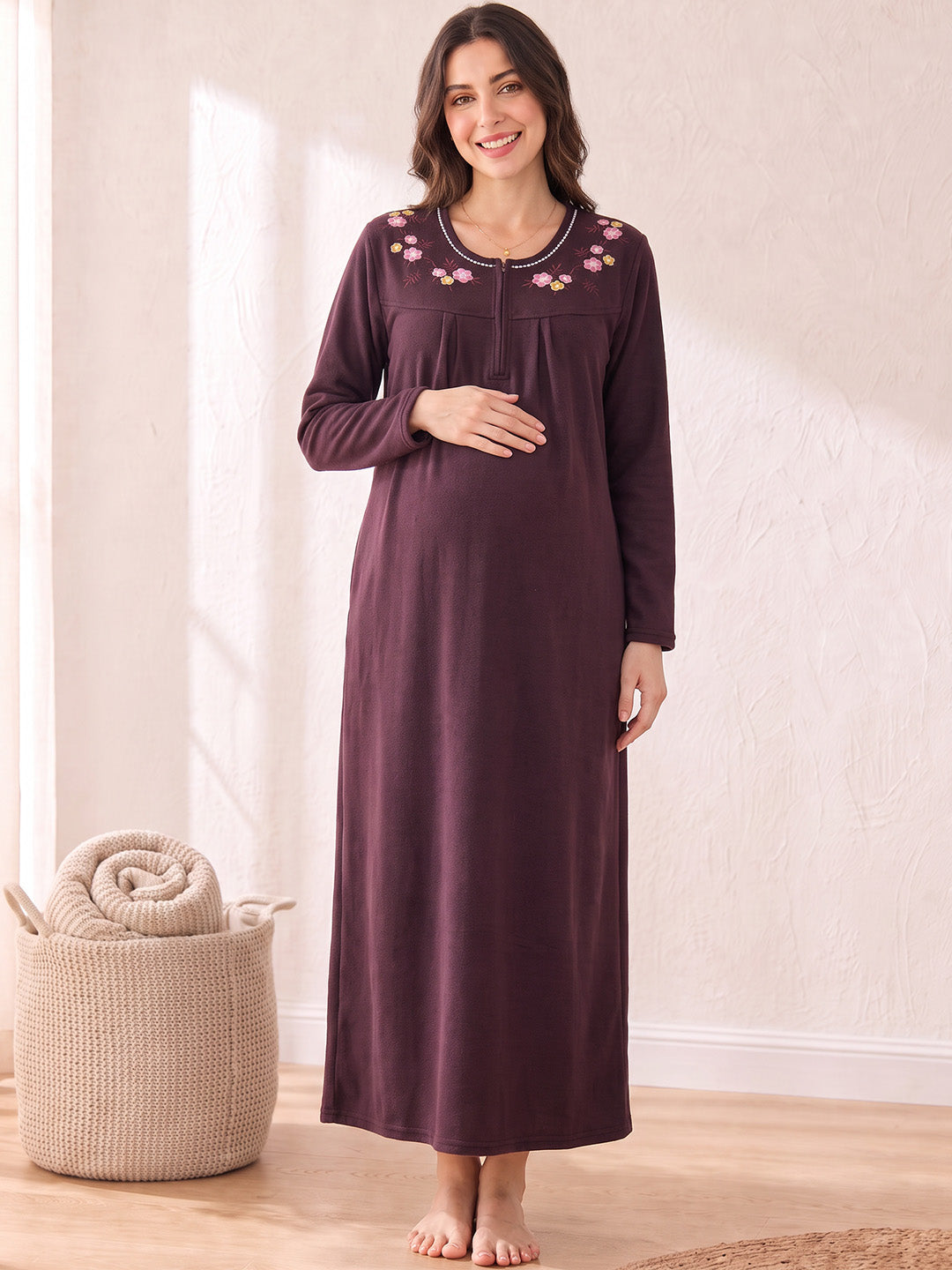 Wine Solid Fleece  Winter Maternity Nighty