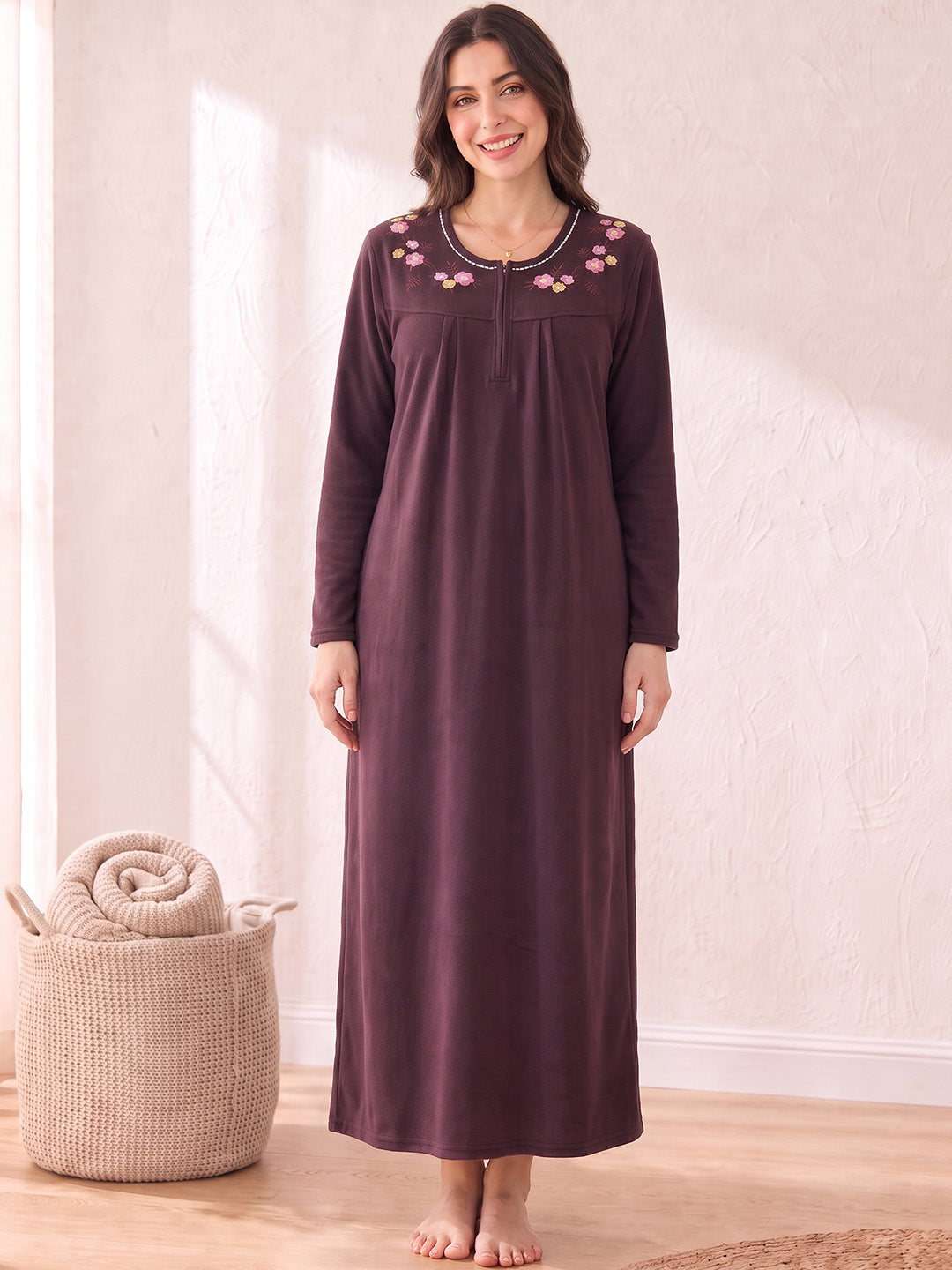 Wine Solid Fleece  Winter Maternity Nighty