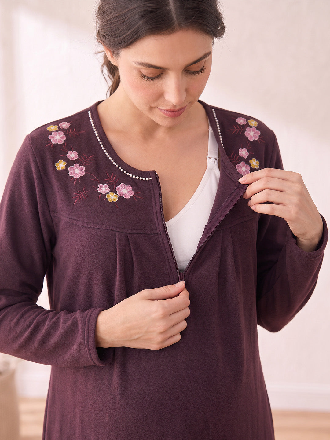 Wine Solid Fleece  Winter Maternity Nighty