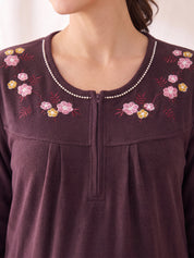 Wine Solid Fleece  Winter Maternity Nighty