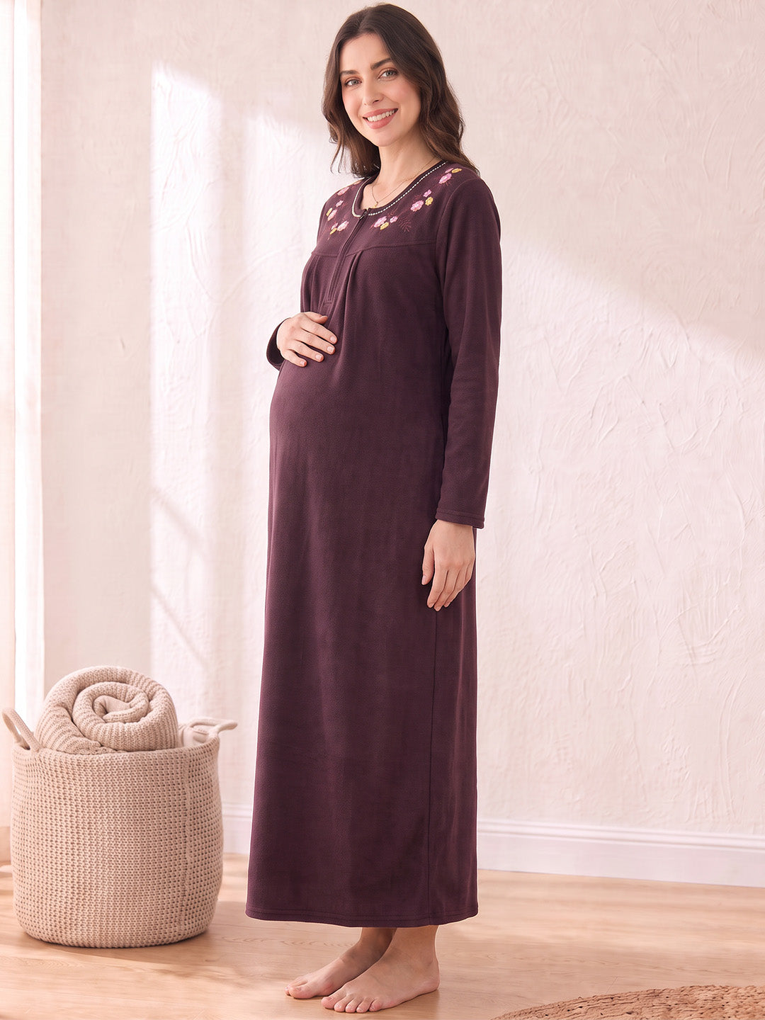 Wine Solid Fleece  Winter Maternity Nighty