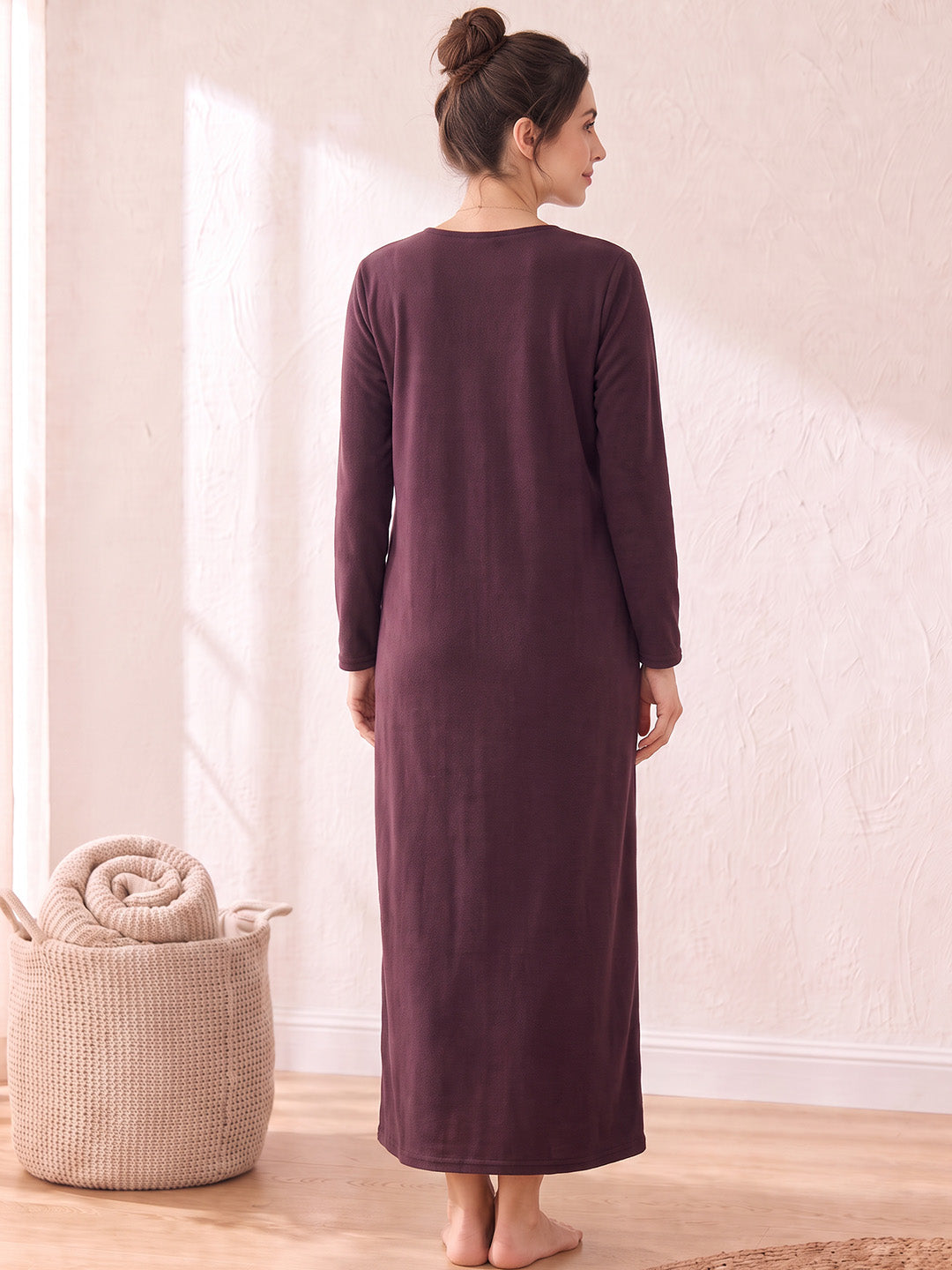 Wine Solid Fleece  Winter Maternity Nighty
